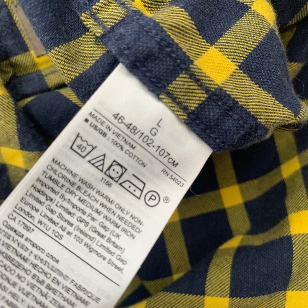 Banana Republic Luxe Flannel Shirt Navy Yellow Buffalo Check Untucked Slim Fit L